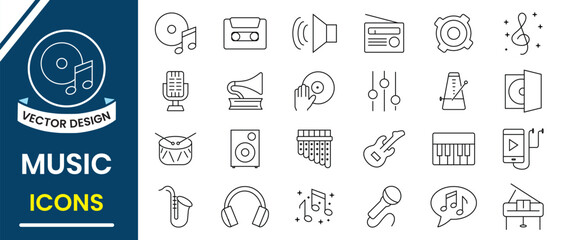 Music icon set. Music line icon, vector set. Musical instrument symbol, sign icon. Guitar, play, music note, sound, headphones, mic, radio, piano, speaker. Vector illustration.