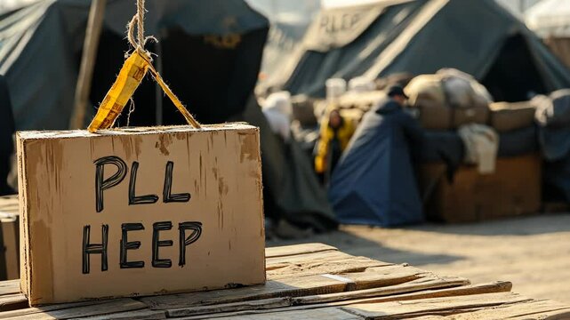 Tent city with a cardboard sign reading PLL HEEP in a busy outdoor environment during the day