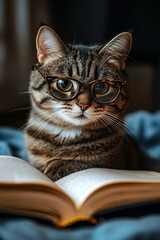 A cat wearing glasses sitting on top of an open book