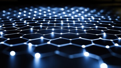 Naklejka premium A dark background with hexagonal patterns and white dots on the surface, creating an abstract digital wave of light that forms the shape of carbon's natural structure Generative AI