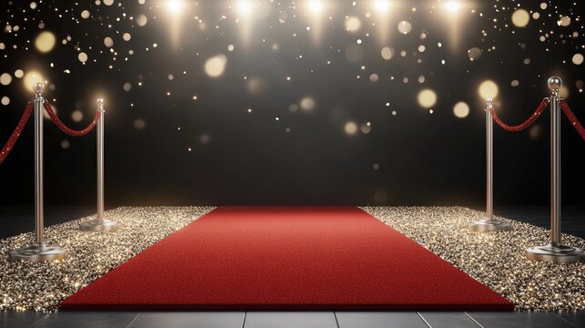 Brightly colored red carpet with falling golden confetti sets a celebratory mood in a well-lit studio featuring an award podium - Powered by Adobe