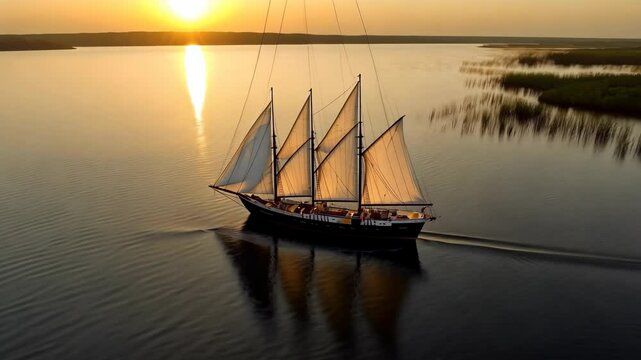 Sailing at sunset on tranquil waters with a majestic four-masted schooner gliding peacefully across the surface