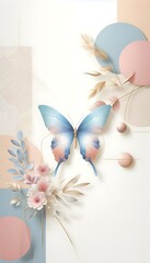 A beautiful butterfly featured in a decorative composition with delicate leaves and artistic geometric shapes, creating an elegant and serene atmosphere perfect for creative and modern designs.