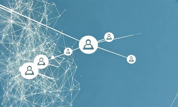 Abstract blue background with white interconnected nodes and lines, creating a network effect.