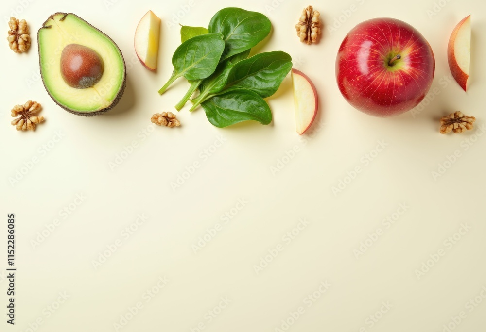 Poster a flat lay of an avocado apple spinach and walnuts on a beige background.