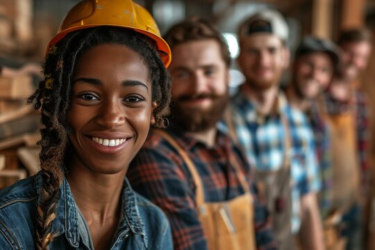 A diverse group of smiling workers in safety gear, showcasing teamwork and unity in a skilled trade environment.