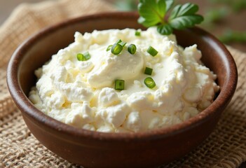A bowl of creamy  white spread topped with green herbs.