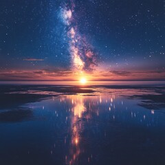 Obraz premium Milky Way galaxy rising over calm ocean at sunset, reflecting in water.
