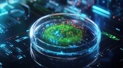 Futuristic petri dish with glowing green and blue bioluminescent microorganism.