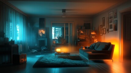 Retro living room at night, split lighting, teal and orange tones, cozy atmosphere, vintage furniture.
