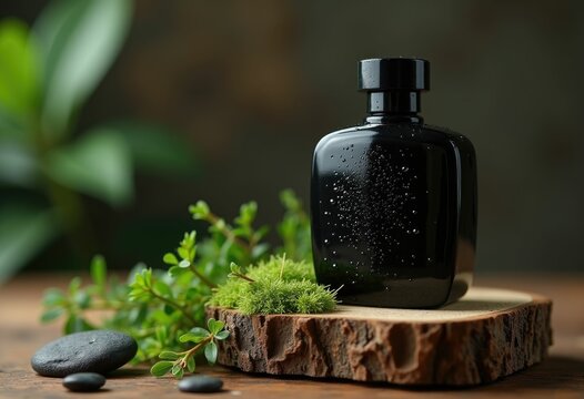 A black bottle of perfume on a wooden stand with greenery and stones.