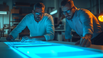 Engineers collaborating on innovative solar panel design in a modern workspace