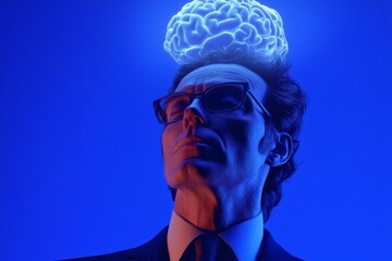 Photograph of an AI-official in a suit with a glowing brain above their head, against a blue background, in a hyperrealistic style. -