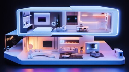 Futuristic smart home interior cutaway showcasing technology integration in living spaces, bedrooms and entertainment areas with ambient lighting.