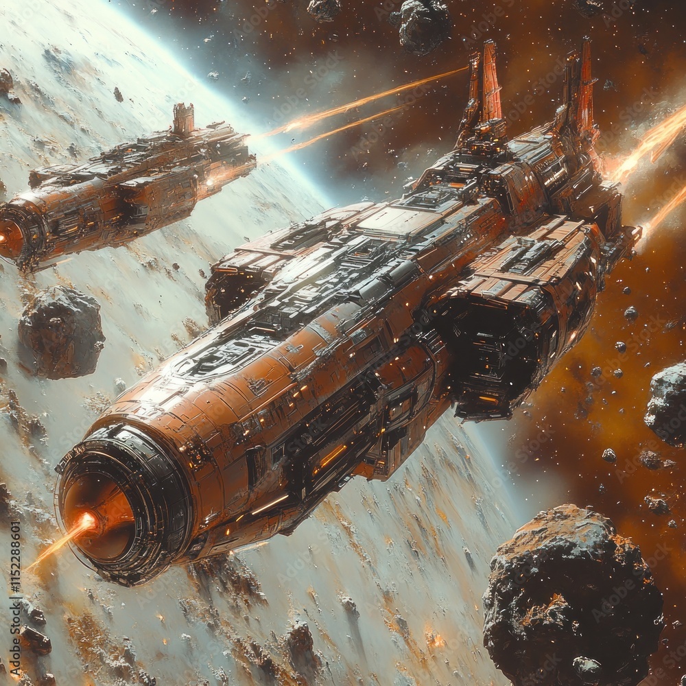 Poster futuristic rusty spaceships firing lasers amidst asteroid field and planet.