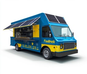 PS/$T Food Truck on City Street Mockup, with solar panels and blue color theme. A food truck is displayed in the center of an isolated white background. The vehicle has yellow paint details and featur