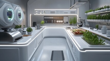 Futuristic spaceship galley kitchen with sleek white design, integrated appliances, and fresh herbs.