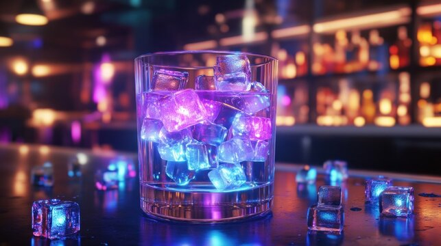 Glowing ice cubes in a glass on a bar counter.