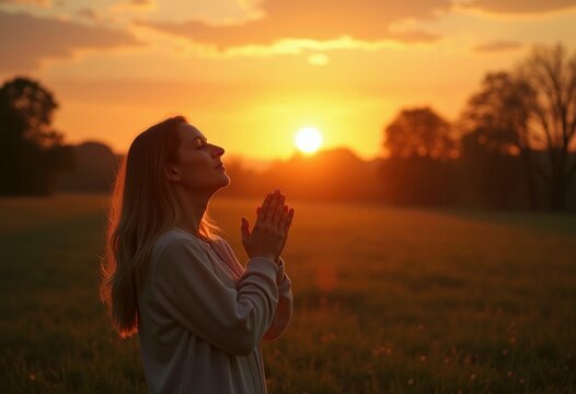 A woman with her eyes closed  praying at sunset in a field.