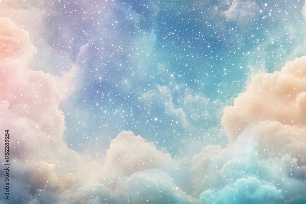 Poster texture of soft pastel gas clouds blending into starry sky creating dreamy and otherworldly effect