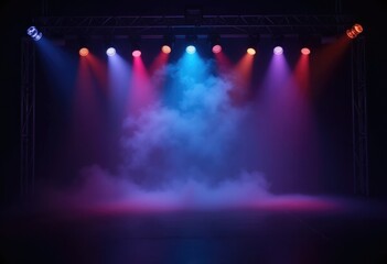 A stage with colorful spotlights and smoke  perfect for a concert or performance.