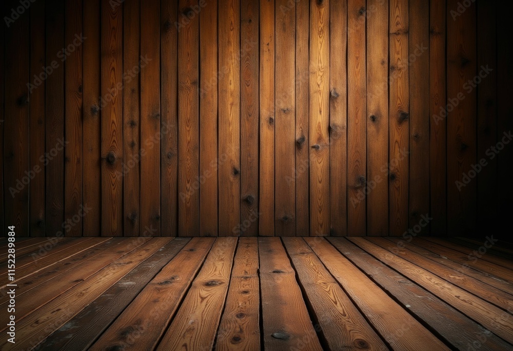 Poster a spotlight illuminates a rustic wooden floor and wall creating a dramatic and moody atmosphere.