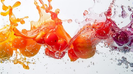 colorful moving fruits converted into liquid and a white background
