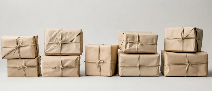 stack of brown paper packages tied with string