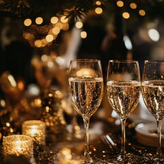 three glasses of champagne on a table with holiday lights