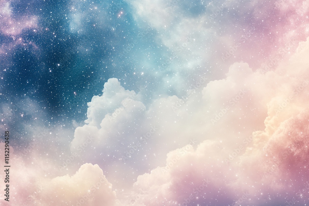 Poster texture of soft pastel gas clouds blending into starry sky creating dreamy and otherworldly effect
