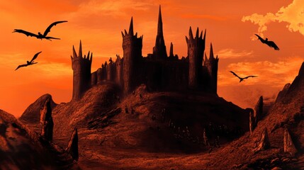Naklejka premium Menacing dark fortress with towering spires on a desolate hill, surrounded by barren lands and fiery orange skies, as winged creatures soar ominously in the background.