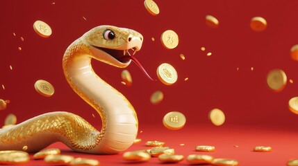 Fototapeta premium Golden snake surrounded by coins fantasy scene vibrant background creative illustration