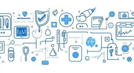 Set of icons for medical, health care, and digital hospital in a line art style with a blue color on a white background. Vector illustration design elements with simple, clean edges. Vector graphics. 