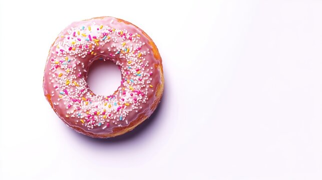 Delicious pink donut with colorful sprinkles on a clean white background. Perfect for dessert lovers and bakery themes. A sweet treat you will enjoy. Generative AI