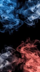 Obraz premium Dynamic red and blue flames blend seamlessly in an abstract smoke explosion, creating a striking visual effect against a dark background