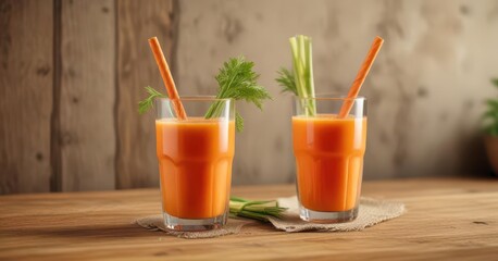 Fresh carrot juice in a glass with an ecological bamboo straw placed on a wooden table,  bamboo straw, carrot juice