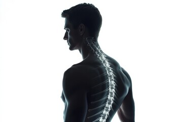 Profile of an Adult Male Demonstrating Scoliosis with Spine Curvature in Transparent Overlay on a Bright Background