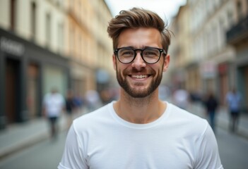 Obraz premium A young man with a beard and glasses smiles at the camera in a city street.