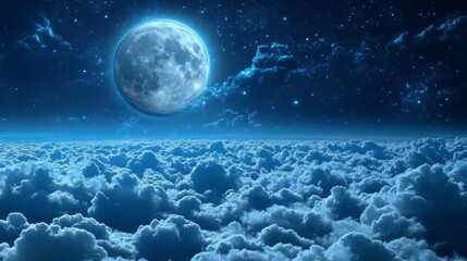 A large, radiant full moon casts its light on a dark, star-filled sky. 