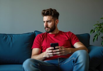Fototapeta premium A young man with a beard sits on a couch and looks at his phone.