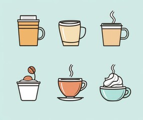 Simple line icons of coffee and tea, coffee cups, ice cream, and milk froth. 
