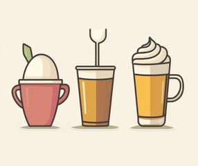 Simple line icons of coffee and tea, coffee cups, ice cream, and milk froth. 