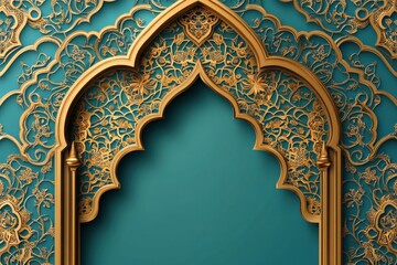 Intricate Archway Design with Stylized Patterns and Gold Accents against Light Blue Gradient Background in Vector Art Style