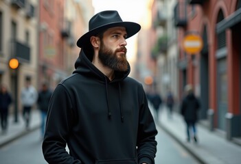 A man with a beard and a hat stands on a city street.