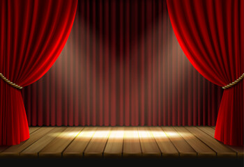 3d realistic vector icon illustration. Theater scene or opera hall with Red velvet curtain drapery and wooden stage with spotlight. 