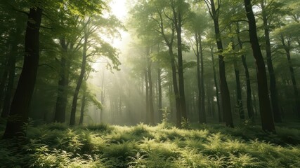Obraz premium Misty green forest, sunlight filtering through dense canopy, fresh, scenery, enchanted