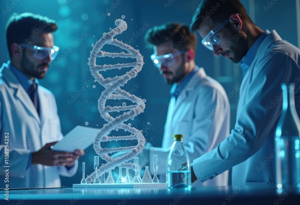 Poster Three scientists working in a lab with a glowing DNA helix.