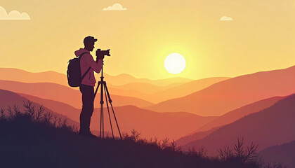 Photographer on hill capturing sunrise over mountains.