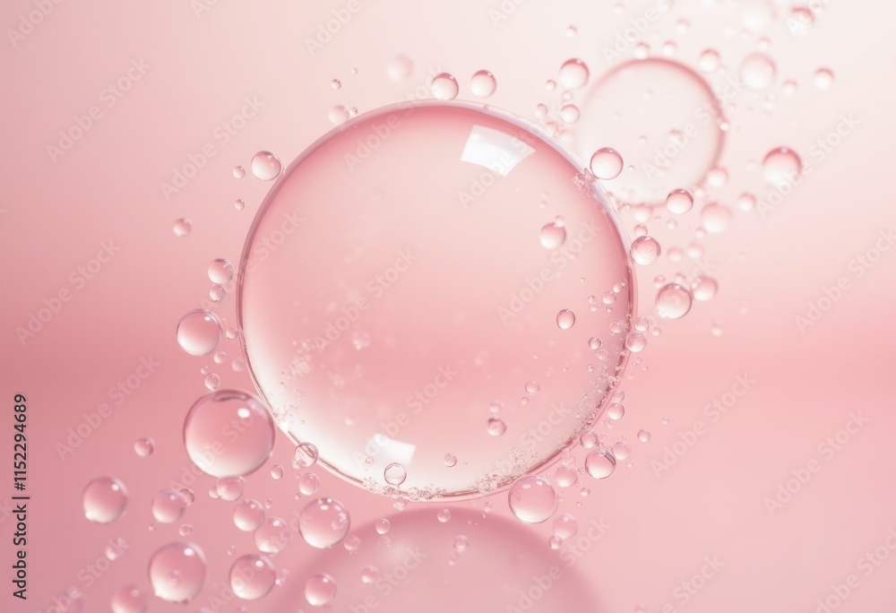 Poster a cluster of transparent bubbles on a soft pink background.