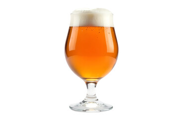 Bright golden beer served in a tulip glass with frothy top in a minimalist setting